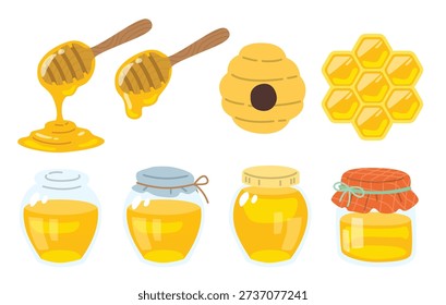 Vector illustration of honey jars, honeycomb and beehive set