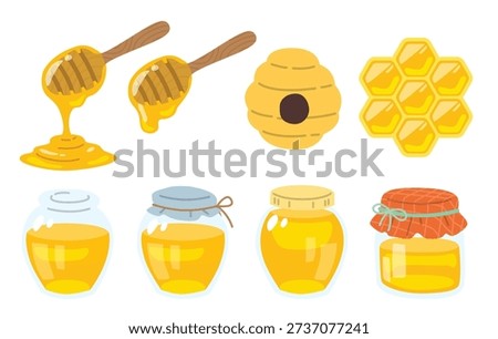 Vector illustration of honey jars, honeycomb and beehive set
