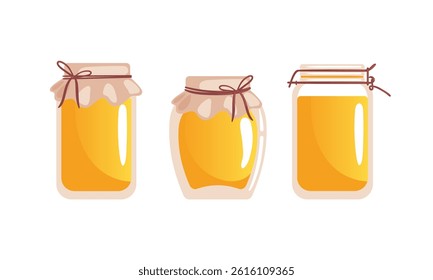 A vector illustration of honey jars of various shapes and sizes, each filled with golden, shiny honey. The jars are decorated with canvas fabric and rustic twine, showcasing their artisanal appeal.