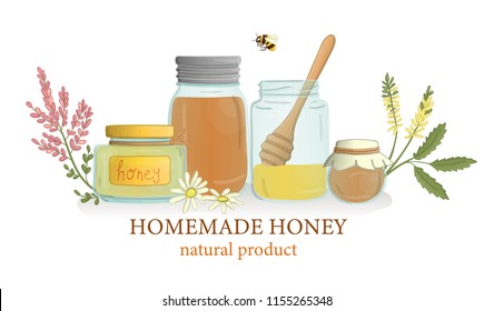 Vector illustration of honey jars with wild flowers and bee. Banner, card, template, sign, signboard or poster for home made honey shop. Watercolor effect