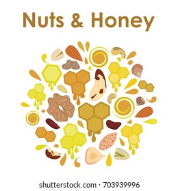 vector illustration of honey and nuts emblem with drops and honeycombs in round shape design