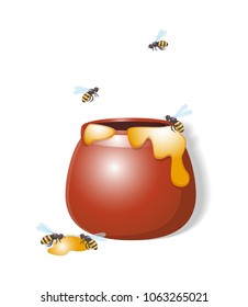 Vector Illustration, honey pot with bees.
