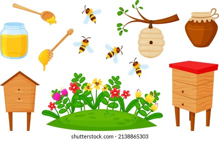 Ilustración vectorial conjunto de miel. Abejas, prado, flores, colmena, casa para una abeja. hojas, cuchara, tarro de miel, estilo de vida natural saludable.