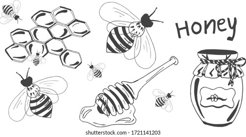 Vector illustration of a honey set. Jar with cloth and rope, bee, field flowers, spoon, honeycomb. Hand drawn doodle style.