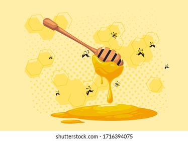 Vector illustration of honey spoons, honey puddle with bees, honey flows on a spoon