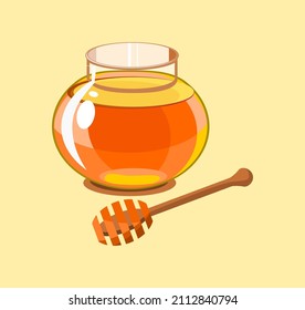 Vector illustration of honey with wooden honey dipper on yellow background.