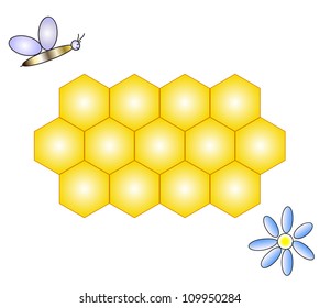 Vector illustration of honeycomb, bee & flower