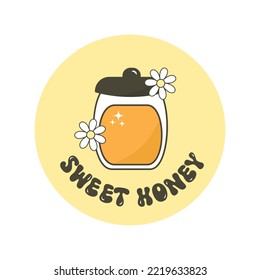 Vector illustration honeycomb with bee and inscription Sweet honey. Jar of honey sticker with flower daisy