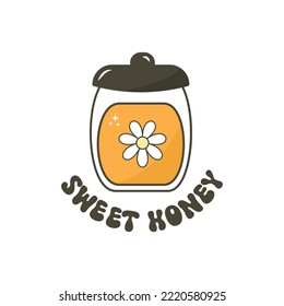 Vector illustration honeycomb with bee and inscription Sweet honey. Jar of honey with flower daisy. Honey flat design trendy and modern