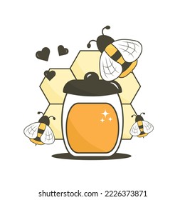 Vector illustration honeycomb with bee and jar of honey Sweet honey. Jar of honey with flower daisy. Honey flat design trendy and modern apiary