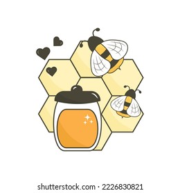  Vector illustration honeycomb with bee and jar of honey Sweet honey. Jar of honey with flower daisy. Honey flat design trendy and modern apiary