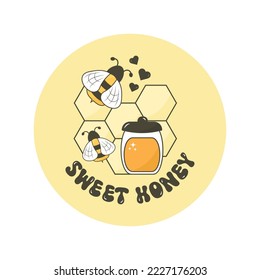 Ilustración vectorial del peine de miel con abeja y frasco de miel dulce. Jar de miel con margarita floral. Diseño plano de miel y pegatina de colmena moderna