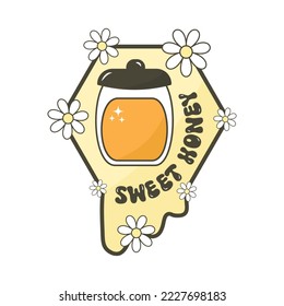 Vector illustration honeycomb with bee and jar of honey Sweet honey. Jar of honey with flower daisy flat design trendy and modern apiary. Honey logo