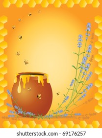 vector illustration honeycomb framing bees flying above a terracotta pot of honey and sprigs of lavender flowers in eps 10 format