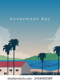 Vector illustration. Honeymoon Bay. Poster, banner, postcard design. Modern design. Tourism, travel, recreation.