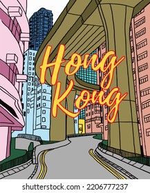 Vector illustration of Hong Kong city skyline annotations, various landmarks of Hong Kong. Hong Kong cityscape for poster and postcards on blue background. 