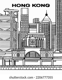 Vector illustration of Hong Kong city skyline annotations, various landmarks of Hong Kong. Hong Kong cityscape for poster and postcards on white background. 
