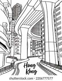 Vector illustration of Hong Kong city skyline annotations, various landmarks of Hong Kong. Hong Kong cityscape for poster and postcards on white background. 