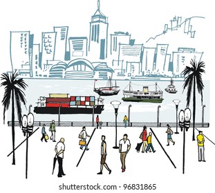 Vector illustration of Hong Kong harbor with high rise buildings.