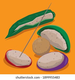 Vector illustration of Hong Kong street snack - Three stuffed treasures: Stuffed eggplant, Stuffed pepper, Stuffed red sausage.

 