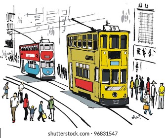 Vector illustration of Hong Kong trams, and pedestrians.