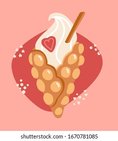 Vector illustration Hong Kong waffle. Bubble wafer with a strawberry and chocolate waffle stick. Delicious snack in modern flat style. Card of poster design for a bakery or cafe.