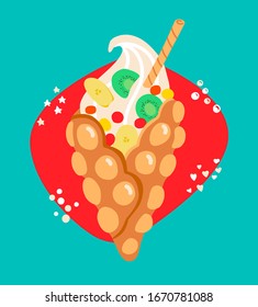 Vector illustration Hong Kong waffle. Bubble wafer with banana, kiwi and sweets. Delicious snack in modern flat style. Card of poster design for a bakery or cafe.