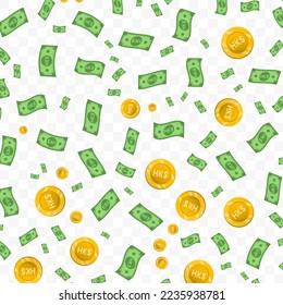Vector illustration of Hongkong Dollar money. Random pattern of banknotes and coins in green and gold colors on transparent background (PNG). 