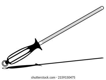Vector illustration of Honing Steel or Sharpening Rod. Knife Sharpener. Isolated on white background. Black and White Color