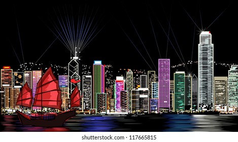 Vector illustration of Honk Kong by night