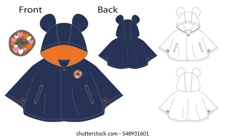 Vector illustration of Hooded baby poncho. Front and back views