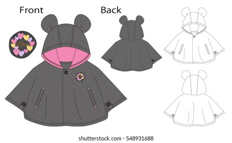 Vector illustration of Hooded baby poncho. Front and back views