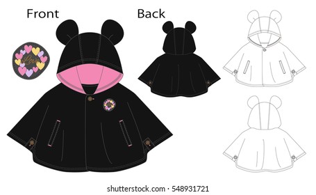 Vector illustration of Hooded baby poncho. Front and back views