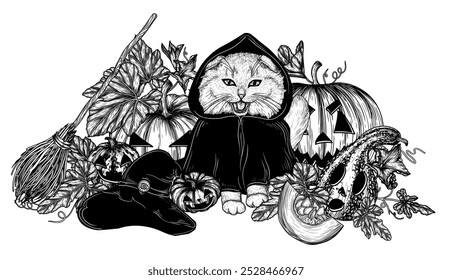 Vector illustration of a hooded cat among carved pumpkins with a magic hat and a broomstick in engraving style