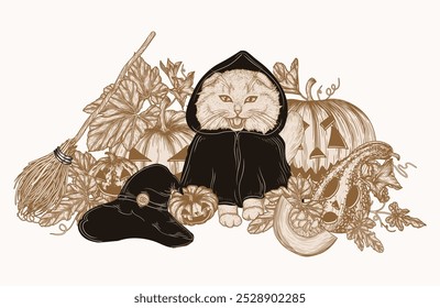 Vector illustration of a hooded cat among carved pumpkins with a magic hat and a broomstick in engraving style	