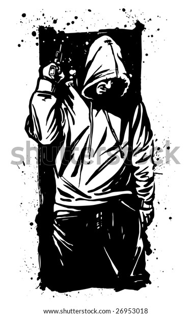 Vector Illustration Hooded Gunman Pausing Break Stock Vector (Royalty ...