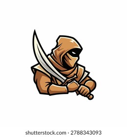 A vector illustration of a hooded warrior assassin wearing brown clothing and holding a curved blade sword in a dynamic pose.