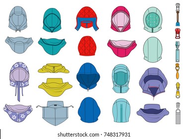 vector illustration with hoods and zippers for men and women clothes
