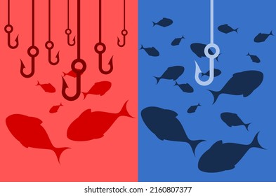 Vector illustration of a hook and fish like Blue Ocean Strategy vs Red Ocean Strategy.