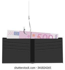 Vector illustration hook pulls money from grey leather wallet.  Fraud or trap concept