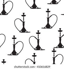 Vector illustration hookah seamless pattern. Black silhouette hookah on white background