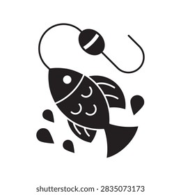 Vector illustration of a hooked fish splashing with water drops solid black glyph icon, successful fishing concept.
