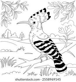  A vector illustration of a hoopoe bird perched on a branch, surrounded by a lush natural environment