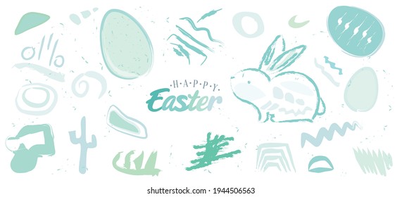 A vector illustration of a hopping rabbit in brush style and spring elements in minimal style for a Happy Easter in line art and flat pastel colors on an isolated white background