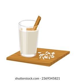 Vector illustration, Horchata drink, made from rice milk, vanilla and cinnamon, served in a glass, with a wooden base and sprinkled with rice, isolated on white background.