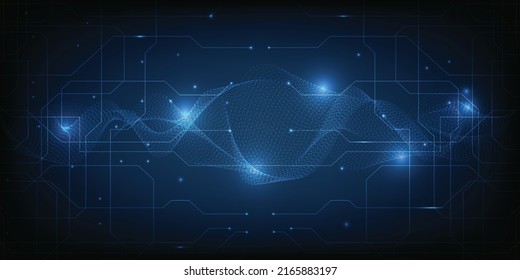 Vector illustration of horizon blue digital  grid line circuit and waveform wireframe.Future digital technology and innovation concept.