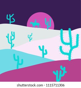 Vector illustration. Horizon line with sky. Extreme tourism and traveling. Design on violet, magenta and blue colors. Exploring Africa. Birds. Sands. Back to nature. Desert trip. Mountains.
