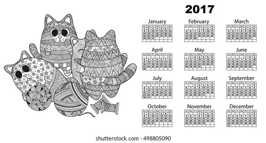 Vector illustration of horizontal 2017 calendar with cats, kittens doodle style boho zentagle cuddling and playing with balls of yarn threads. Black and white background with swirls and lines
