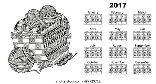 Vector illustration of horizontal 2017 calendar with a ball of yarn, thread and knit a scarf in a wicker basket boho zentagle. Black and white background pattern with swirls and lines