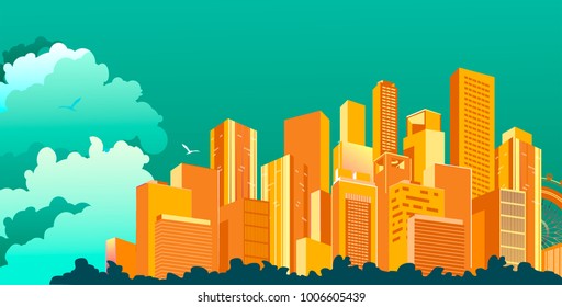 Vector illustration of a horizontal abstract city banner on a sky background in yellow and green colors of a flat style